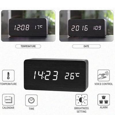 Wooden Digital Alarm Clock, LED Alarm Clock with Temperature Desk Clocks for Office,Bedside Clock - Slobuy