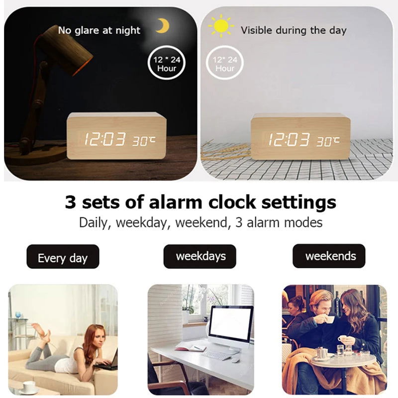 Wooden Digital Alarm Clock, LED Alarm Clock with Temperature Desk Clocks for Office,Bedside Clock - Slobuy