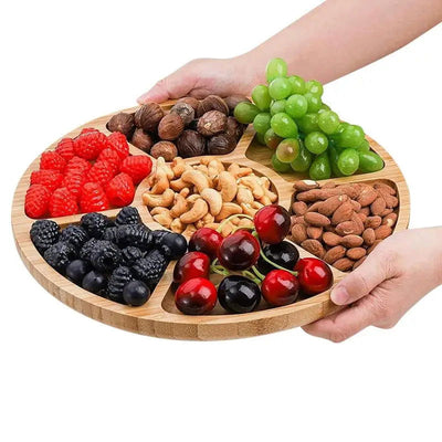 Wooden Divided Serving Trays Food Serving Tray With 5 Dining Grids Round Serving Tray Serving Dishes Perfect For Parties - Slobuy