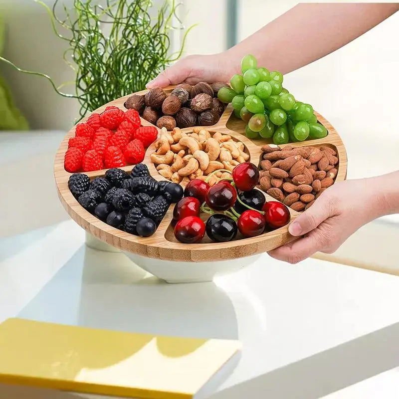 Wooden Divided Serving Trays Food Serving Tray With 5 Dining Grids Round Serving Tray Serving Dishes Perfect For Parties - Slobuy