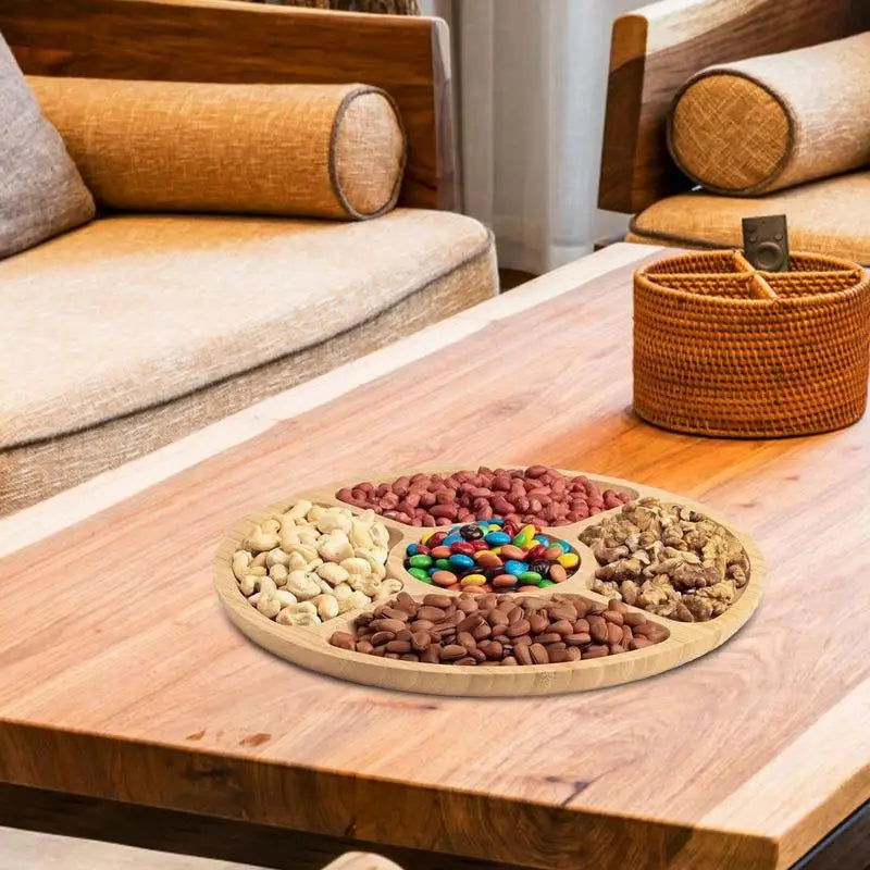Wooden Divided Serving Trays Food Serving Tray With 5 Dining Grids Round Serving Tray Serving Dishes Perfect For Parties - Slobuy