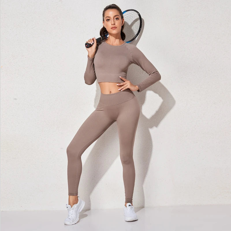 Yoga Set Seamless Women's Sportswear Workout Clothes Athletic Wear Gym Legging Fitness Bra Crop Top Long Sleeve Sports Suits - Slobuy