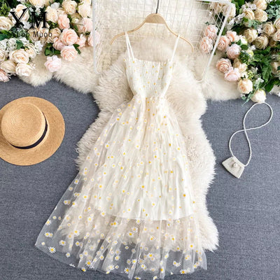 YuooMuoo Korean Fashion Daisy Flower Print Mesh Party Dress Summer Two Layers Spaghetti Strap Vacation Midi Dress Beach Vestidos - Slobuy
