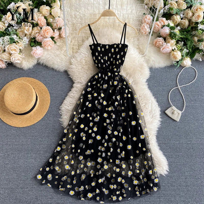 YuooMuoo Korean Fashion Daisy Flower Print Mesh Party Dress Summer Two Layers Spaghetti Strap Vacation Midi Dress Beach Vestidos - Slobuy
