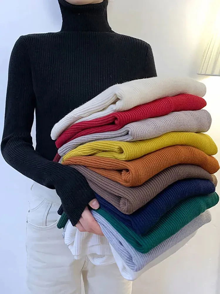 ZOKI New 2024 Women Pullover Turtleneck Sweater Autumn Long Sleeve Slim Elastic Korean Simple Basic Cheap Jumper Solid Color Top - Slobuy