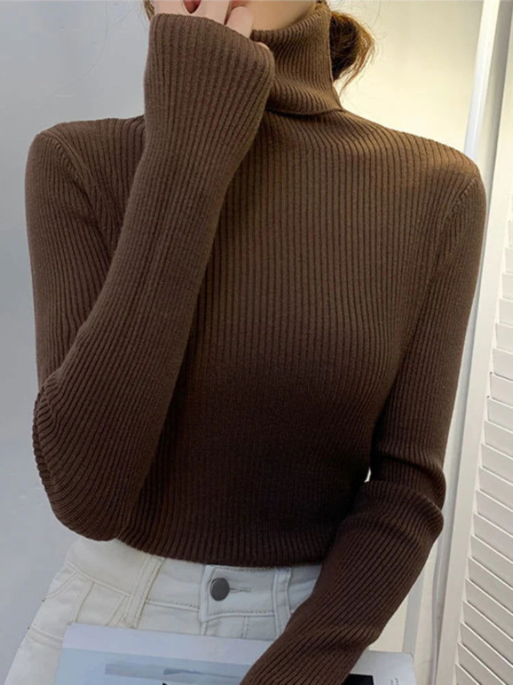 ZOKI New 2024 Women Pullover Turtleneck Sweater Autumn Long Sleeve Slim Elastic Korean Simple Basic Cheap Jumper Solid Color Top - Slobuy