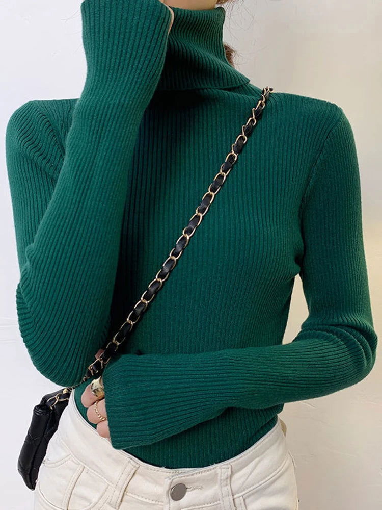 ZOKI New 2024 Women Pullover Turtleneck Sweater Autumn Long Sleeve Slim Elastic Korean Simple Basic Cheap Jumper Solid Color Top - Slobuy