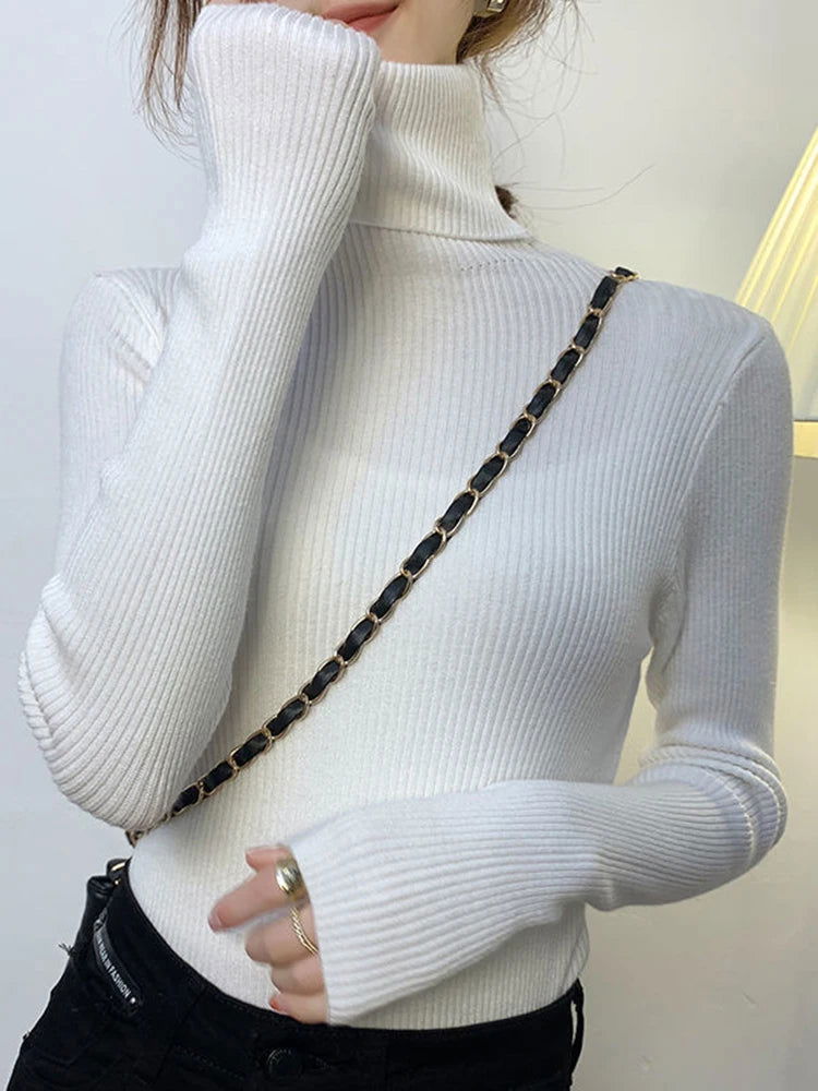 ZOKI New 2024 Women Pullover Turtleneck Sweater Autumn Long Sleeve Slim Elastic Korean Simple Basic Cheap Jumper Solid Color Top - Slobuy
