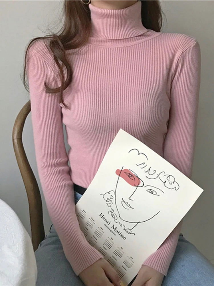 ZOKI New 2024 Women Pullover Turtleneck Sweater Autumn Long Sleeve Slim Elastic Korean Simple Basic Cheap Jumper Solid Color Top - Slobuy
