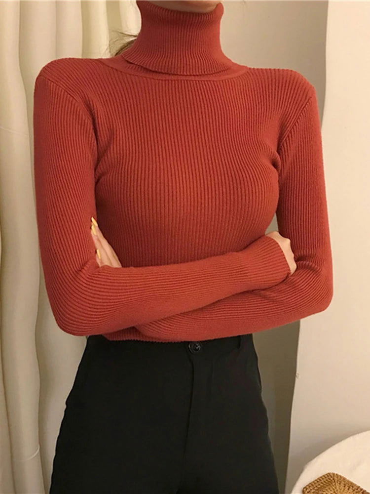 ZOKI New 2024 Women Pullover Turtleneck Sweater Autumn Long Sleeve Slim Elastic Korean Simple Basic Cheap Jumper Solid Color Top - Slobuy