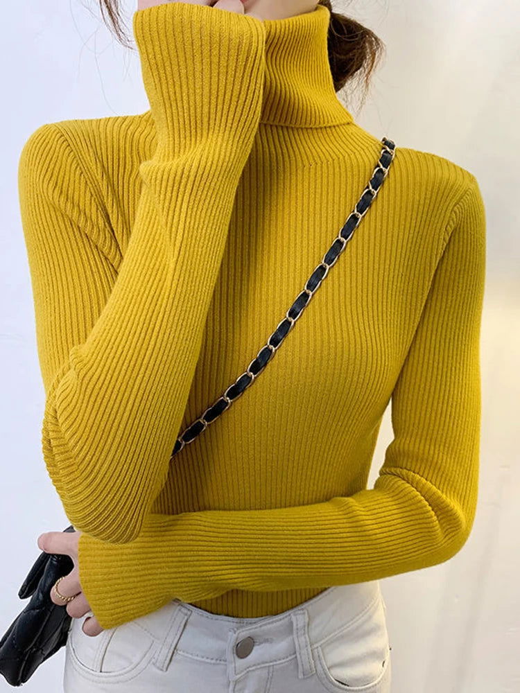 ZOKI New 2024 Women Pullover Turtleneck Sweater Autumn Long Sleeve Slim Elastic Korean Simple Basic Cheap Jumper Solid Color Top - Slobuy