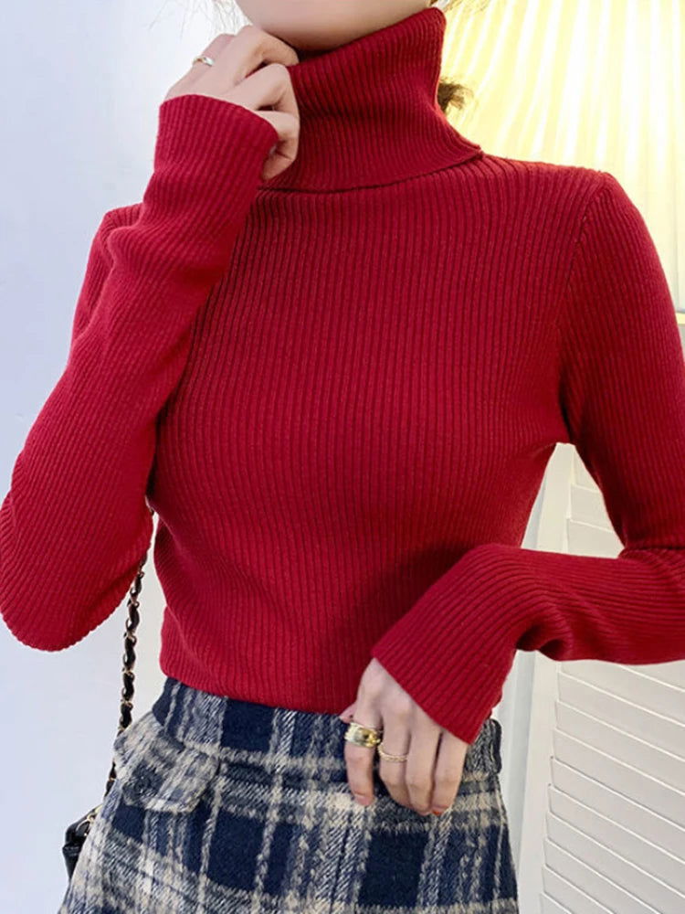 ZOKI New 2024 Women Pullover Turtleneck Sweater Autumn Long Sleeve Slim Elastic Korean Simple Basic Cheap Jumper Solid Color Top - Slobuy