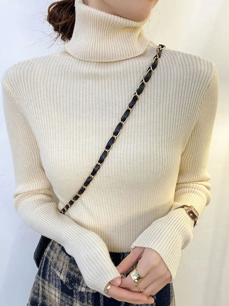 ZOKI New 2024 Women Pullover Turtleneck Sweater Autumn Long Sleeve Slim Elastic Korean Simple Basic Cheap Jumper Solid Color Top - Slobuy