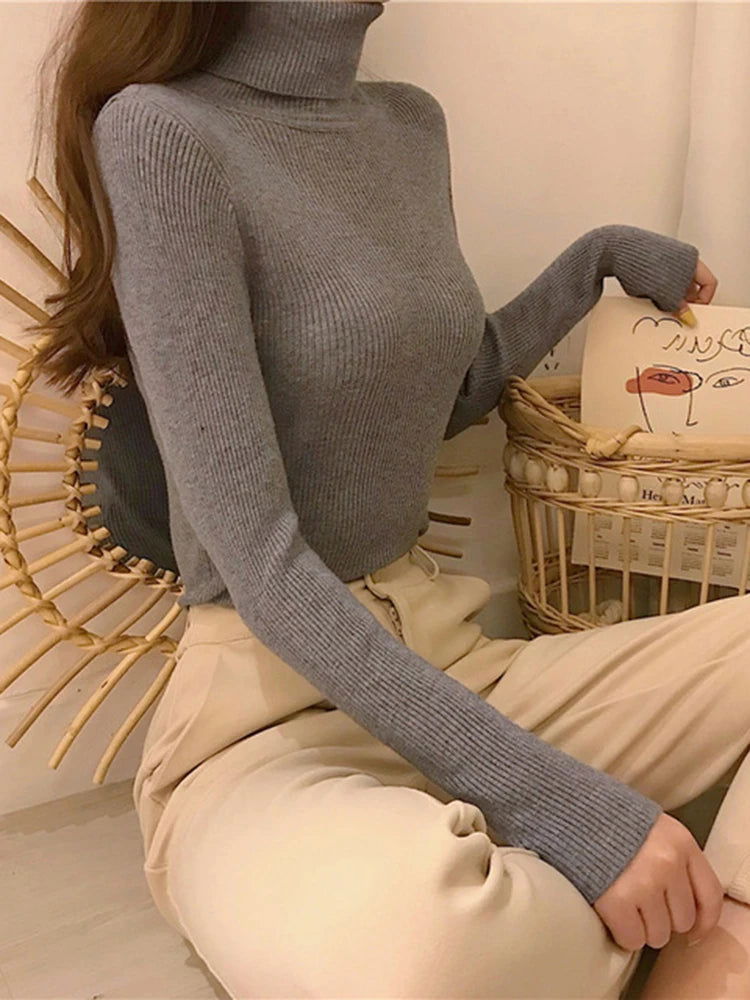 ZOKI New 2024 Women Pullover Turtleneck Sweater Autumn Long Sleeve Slim Elastic Korean Simple Basic Cheap Jumper Solid Color Top - Slobuy