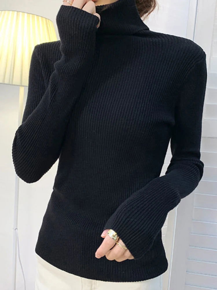ZOKI New 2024 Women Pullover Turtleneck Sweater Autumn Long Sleeve Slim Elastic Korean Simple Basic Cheap Jumper Solid Color Top - Slobuy