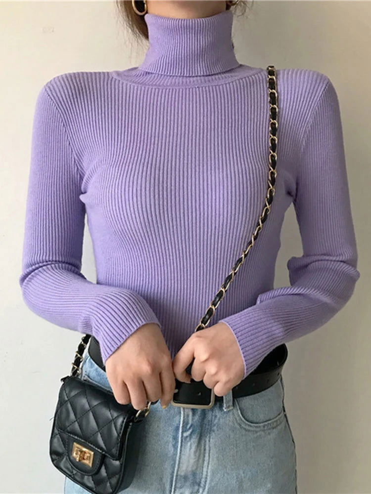 ZOKI New 2024 Women Pullover Turtleneck Sweater Autumn Long Sleeve Slim Elastic Korean Simple Basic Cheap Jumper Solid Color Top - Slobuy