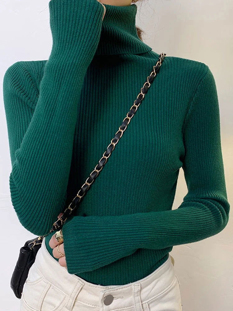 ZOKI New 2024 Women Pullover Turtleneck Sweater Autumn Long Sleeve Slim Elastic Korean Simple Basic Cheap Jumper Solid Color Top - Slobuy