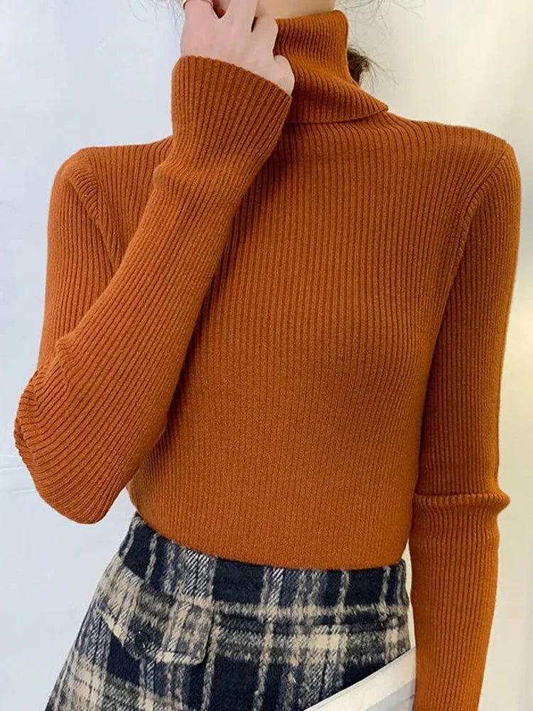 ZOKI New 2024 Women Pullover Turtleneck Sweater Autumn Long Sleeve Slim Elastic Korean Simple Basic Cheap Jumper Solid Color Top - Slobuy
