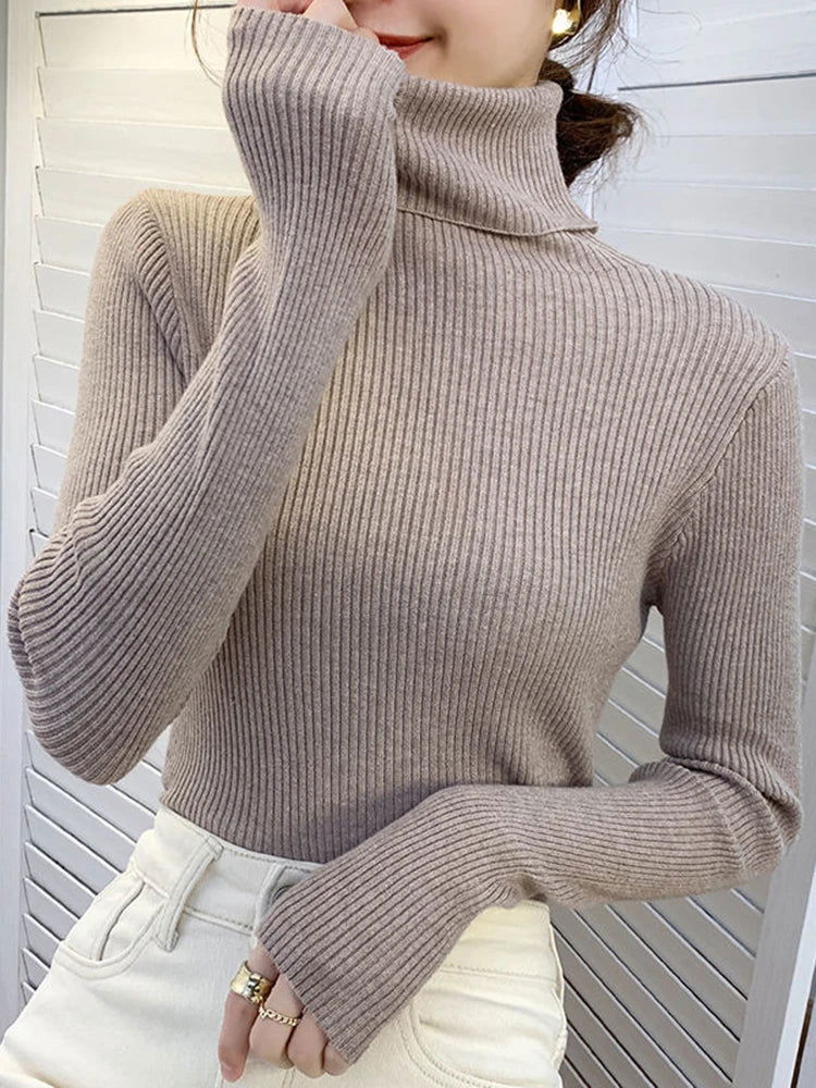 ZOKI New 2024 Women Pullover Turtleneck Sweater Autumn Long Sleeve Slim Elastic Korean Simple Basic Cheap Jumper Solid Color Top - Slobuy