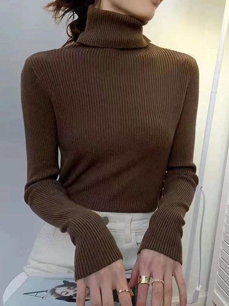 ZOKI New 2024 Women Pullover Turtleneck Sweater Autumn Long Sleeve Slim Elastic Korean Simple Basic Cheap Jumper Solid Color Top - Slobuy