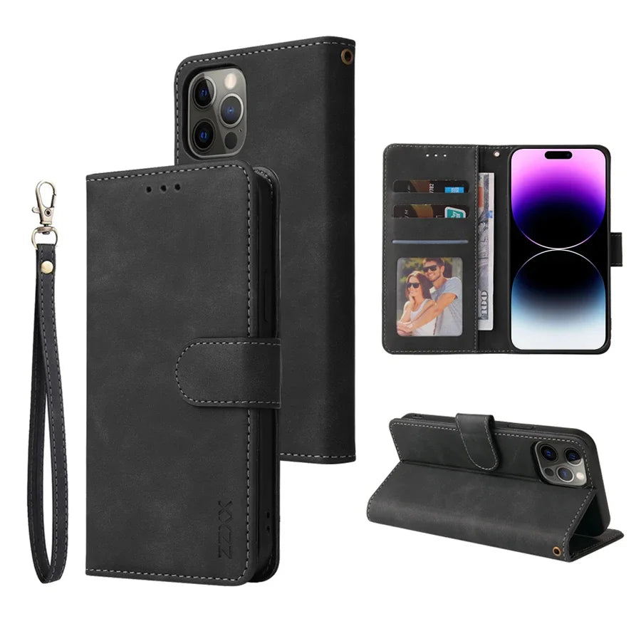 ZZXX Leather Wallet Phone Case For iPhone 15 Pro Max 14 13 Mini 12 11 XS XR X SE 2022 8 7 6 6s Plus Flip Card Slot Holder Cover - Slobuy