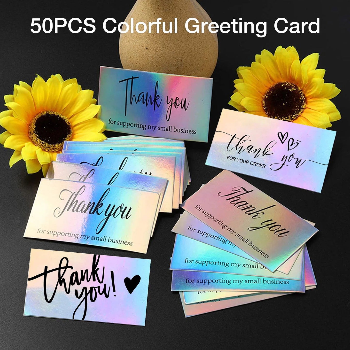50pcs/pack Laser Thank You Card For Supporting Business Package Decoration Holographic Card Rainbow Thank You Card - Slobuy