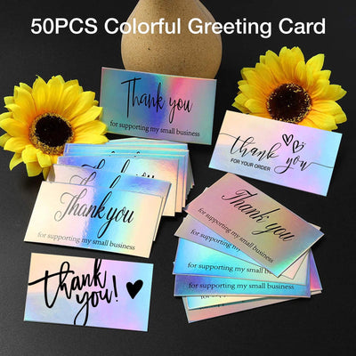 50pcs/pack Laser Thank You Card For Supporting Business Package Decoration Holographic Card Rainbow Thank You Card - Slobuy