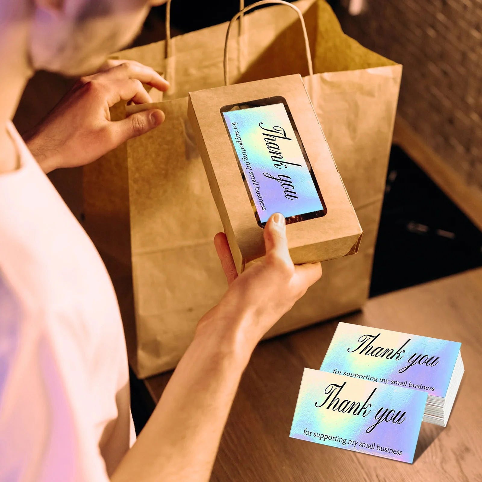 50pcs/pack Laser Thank You Card For Supporting Business Package Decoration Holographic Card Rainbow Thank You Card - Slobuy