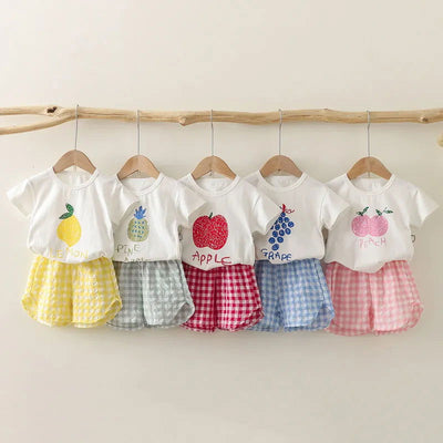 Fruit T-shirt Plaid Shorts Girls 2pc/set Summer Children's Clothes Cotton Kids Short Sleeved Suit Fashion Baby Clothing 1-6Y - Slobuy