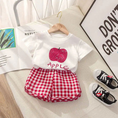 Fruit T-shirt Plaid Shorts Girls 2pc/set Summer Children's Clothes Cotton Kids Short Sleeved Suit Fashion Baby Clothing 1-6Y - Slobuy