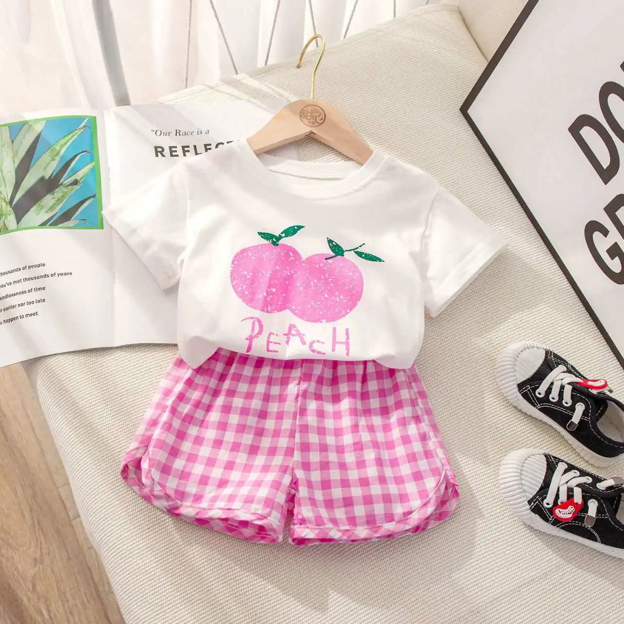 Fruit T-shirt Plaid Shorts Girls 2pc/set Summer Children's Clothes Cotton Kids Short Sleeved Suit Fashion Baby Clothing 1-6Y - Slobuy
