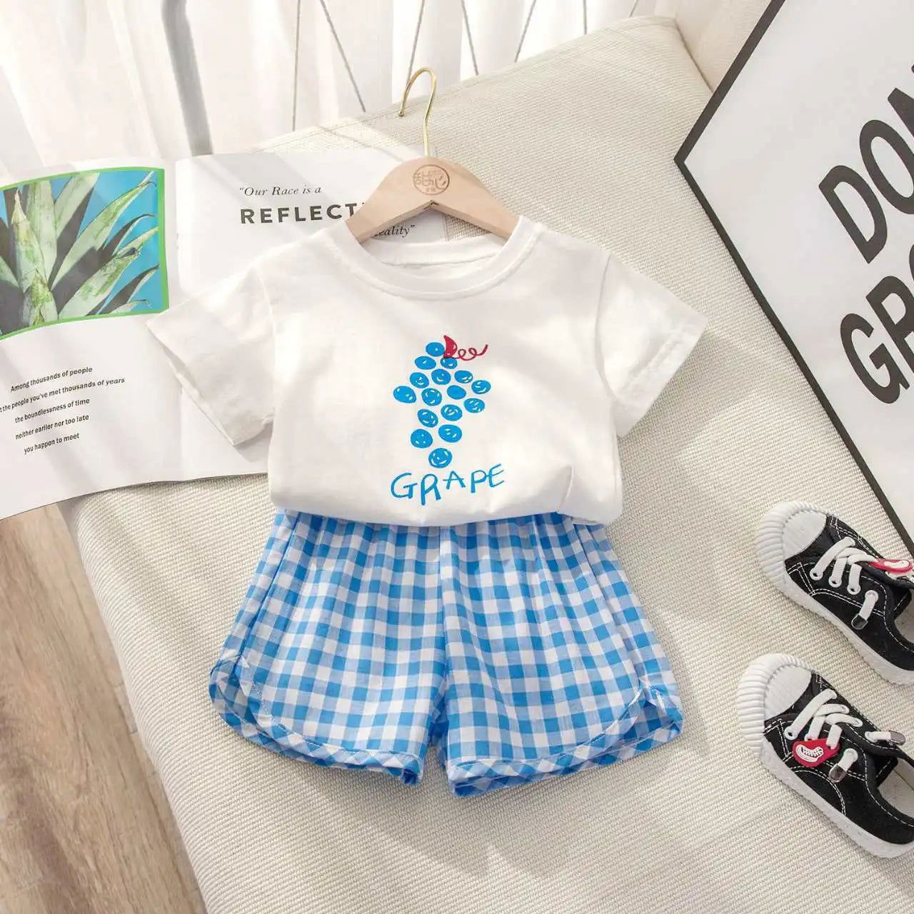Fruit T-shirt Plaid Shorts Girls 2pc/set Summer Children's Clothes Cotton Kids Short Sleeved Suit Fashion Baby Clothing 1-6Y - Slobuy