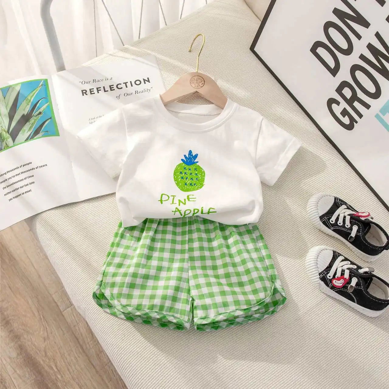 Fruit T-shirt Plaid Shorts Girls 2pc/set Summer Children's Clothes Cotton Kids Short Sleeved Suit Fashion Baby Clothing 1-6Y - Slobuy