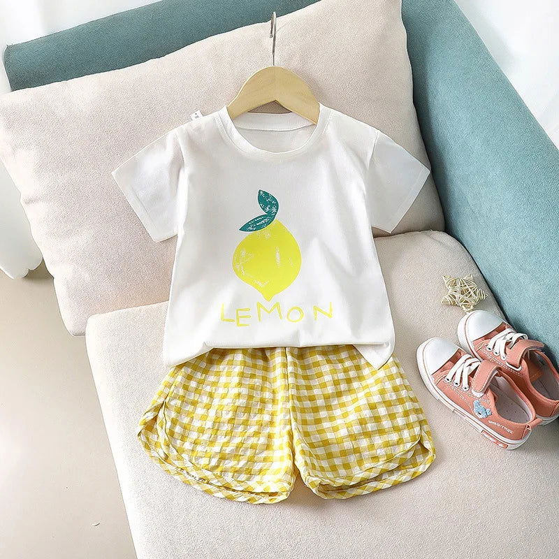 Fruit T-shirt Plaid Shorts Girls 2pc/set Summer Children's Clothes Cotton Kids Short Sleeved Suit Fashion Baby Clothing 1-6Y - Slobuy