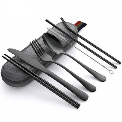 8Pcs/set Tableware Reusable Travel Cutlery Set Camp Utensils Set with stainless steel Spoon Fork Chopsticks Straw Portable case - Slobuy