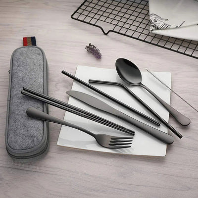 8Pcs/set Tableware Reusable Travel Cutlery Set Camp Utensils Set with stainless steel Spoon Fork Chopsticks Straw Portable case - Slobuy