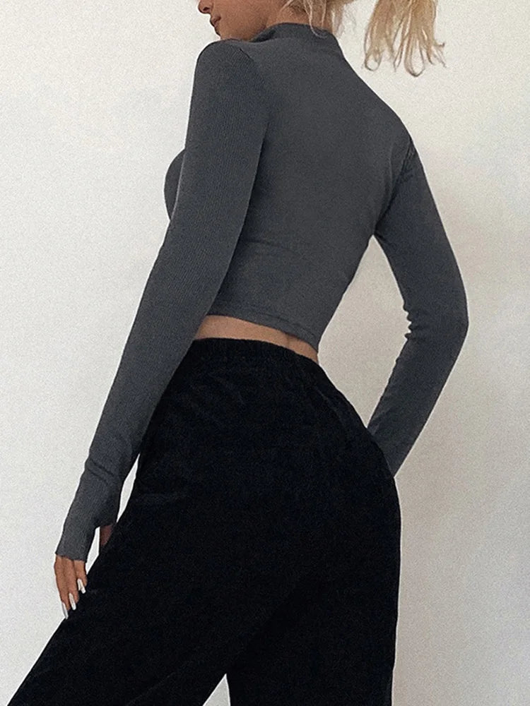 solid color casual T-shirt women long sleeves turtleneck crop tops sexy simple style party club 2022 spring summer new - Slobuy