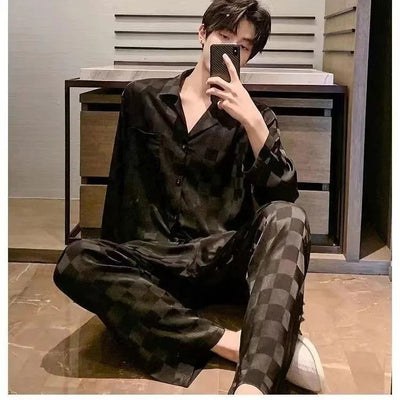 2024 New Spring/summer Thin Silk Ice Silk Jacquard Pajama Set For Men Long Sleeve Cardigan Trousers Homewear - Slobuy