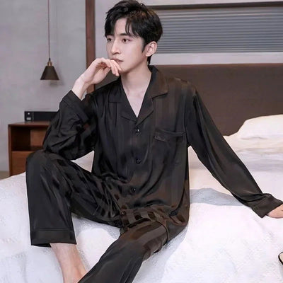2024 New Spring/summer Thin Silk Ice Silk Jacquard Pajama Set For Men Long Sleeve Cardigan Trousers Homewear - Slobuy
