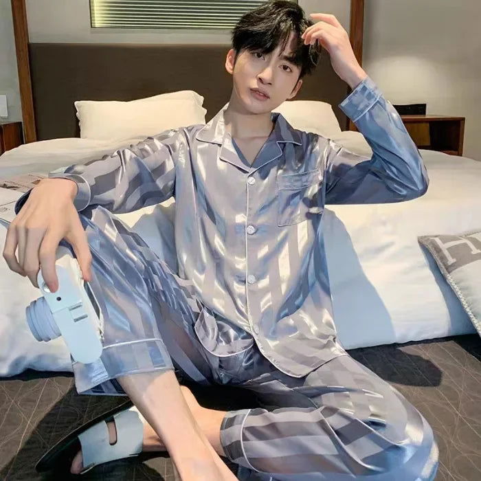 2024 New Spring/summer Thin Silk Ice Silk Jacquard Pajama Set For Men Long Sleeve Cardigan Trousers Homewear - Slobuy