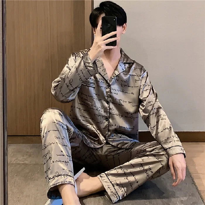 2024 New Spring/summer Thin Silk Ice Silk Jacquard Pajama Set For Men Long Sleeve Cardigan Trousers Homewear - Slobuy