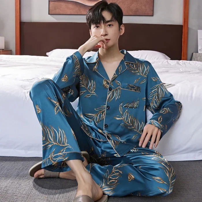 2024 New Spring/summer Thin Silk Ice Silk Jacquard Pajama Set For Men Long Sleeve Cardigan Trousers Homewear - Slobuy