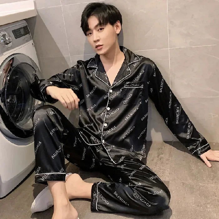 2024 New Spring/summer Thin Silk Ice Silk Jacquard Pajama Set For Men Long Sleeve Cardigan Trousers Homewear - Slobuy