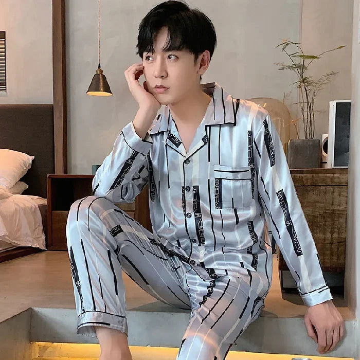2024 New Spring/summer Thin Silk Ice Silk Jacquard Pajama Set For Men Long Sleeve Cardigan Trousers Homewear - Slobuy